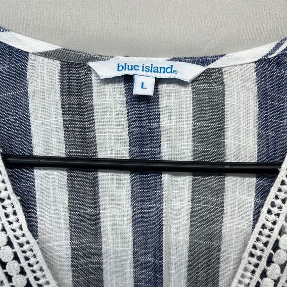 Blue Island Striped Crochet Trim Tassel Caftan Swim Cover Up Dress Coastal Large - Picture 4 of 12